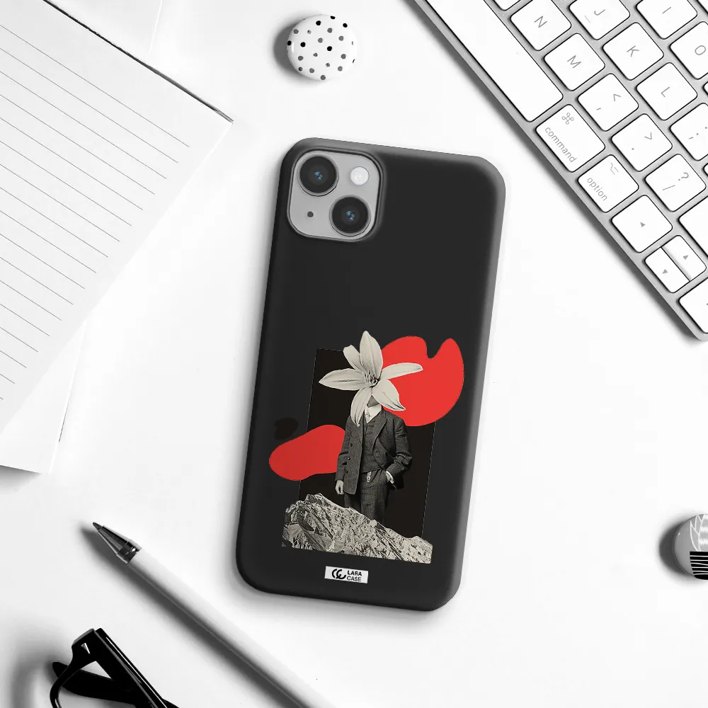 a man in a suit with a flower head Apple iPhone 14 Silicone black Case
