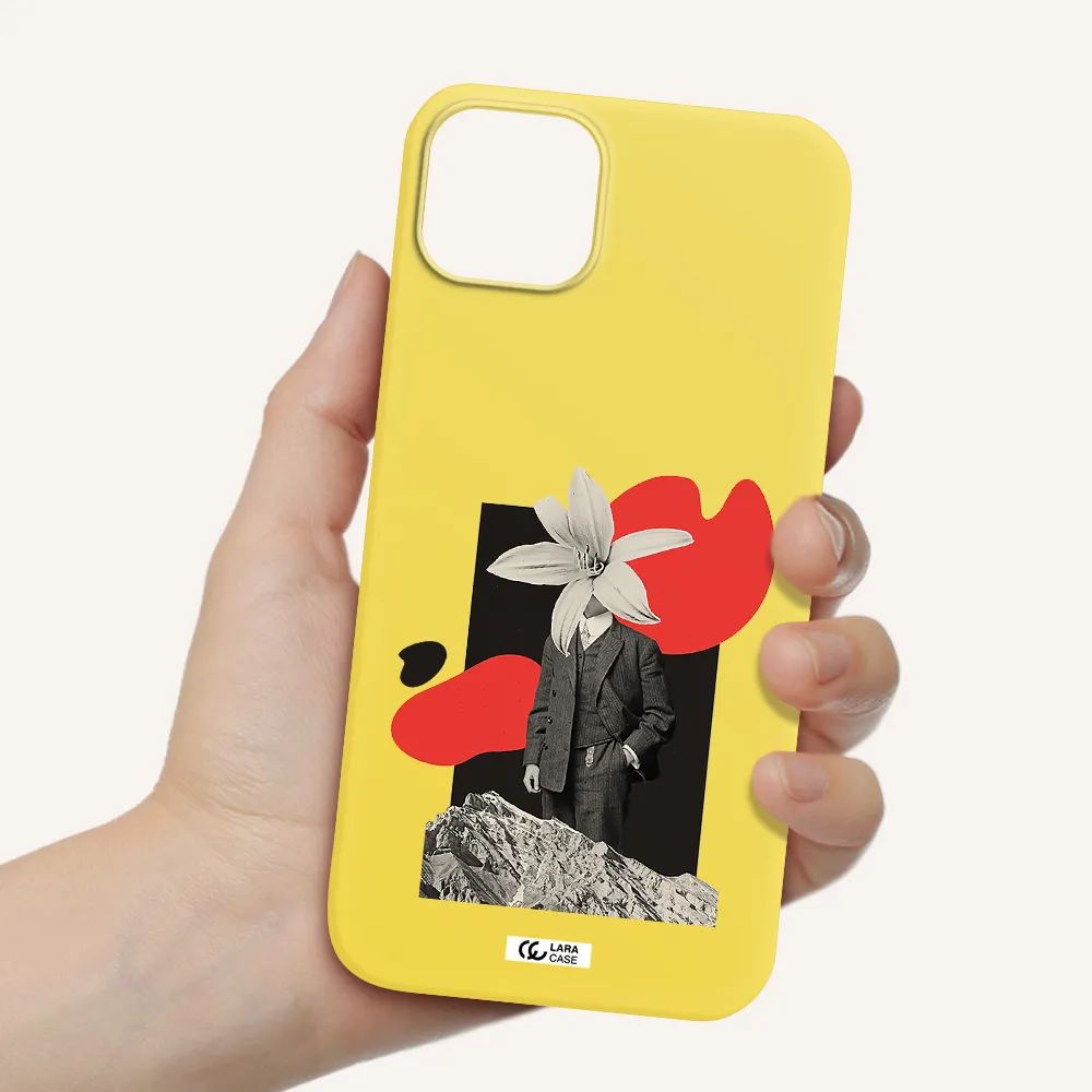 a man in a suit with a flower head Apple iPhone 14 Silicone canary yellow Case