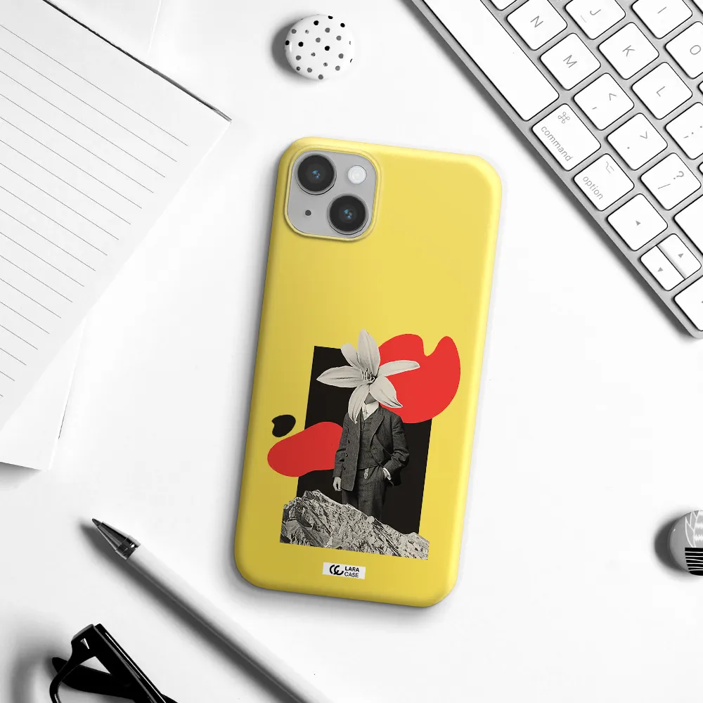 a man in a suit with a flower head Apple iPhone 14 Silicone canary yellow Case