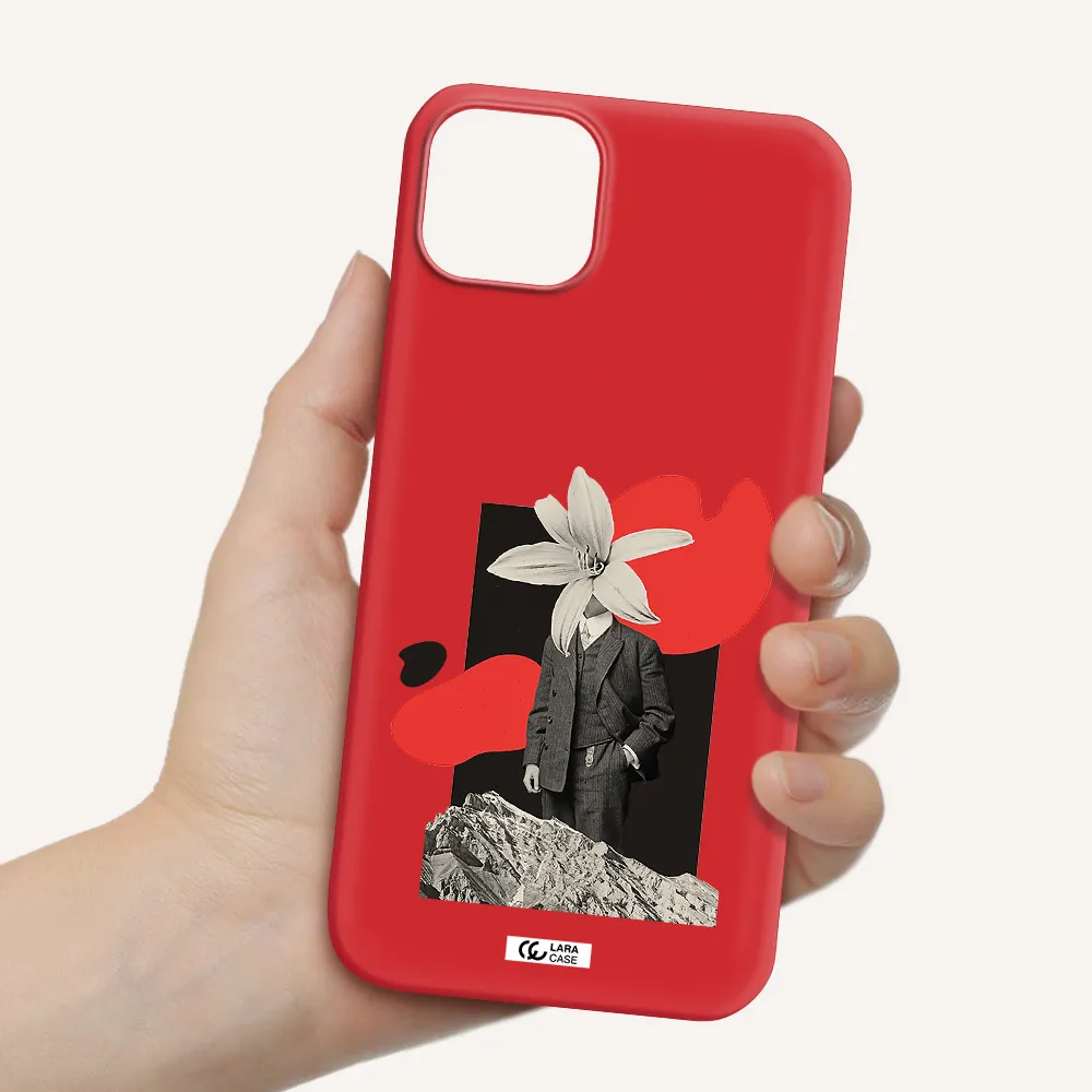 a man in a suit with a flower head Apple iPhone 14 Silicone Imperial Red Case