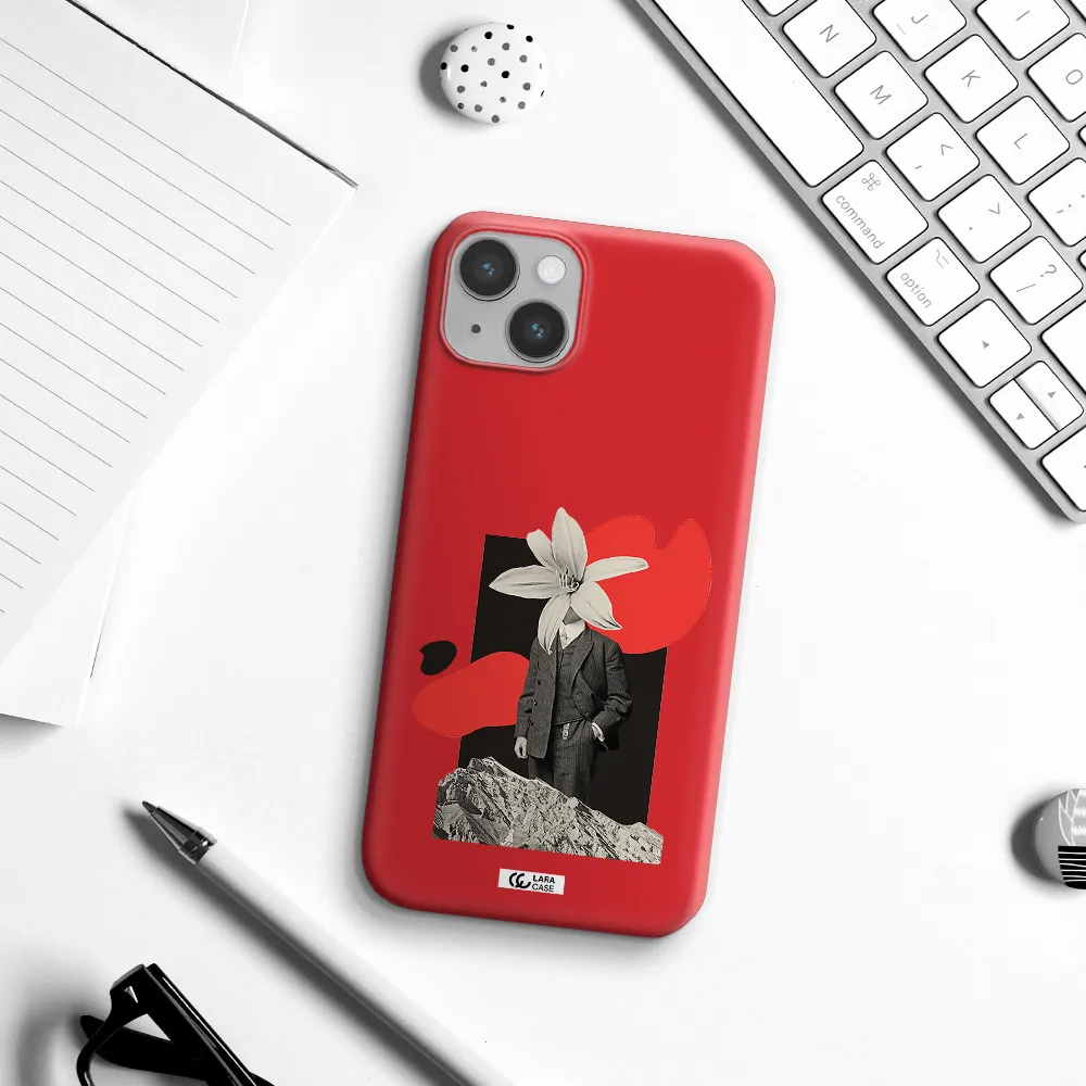a man in a suit with a flower head Apple iPhone 14 Silicone Imperial Red Case