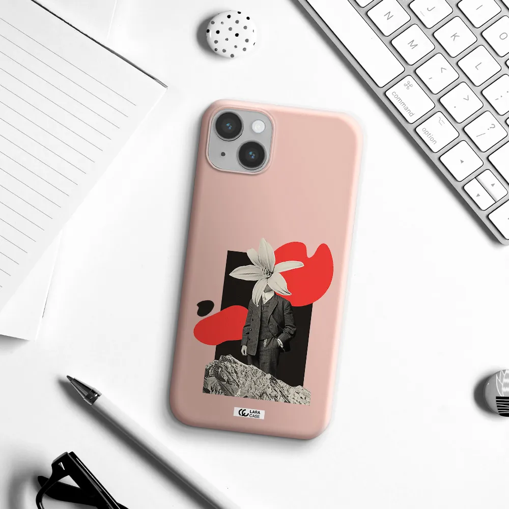 a man in a suit with a flower head Apple iPhone 14 Silicone pastel pink Case