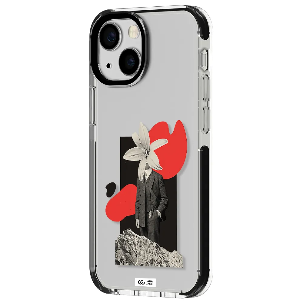 a man in a suit with a flower head Apple iPhone 15 impact black border Case