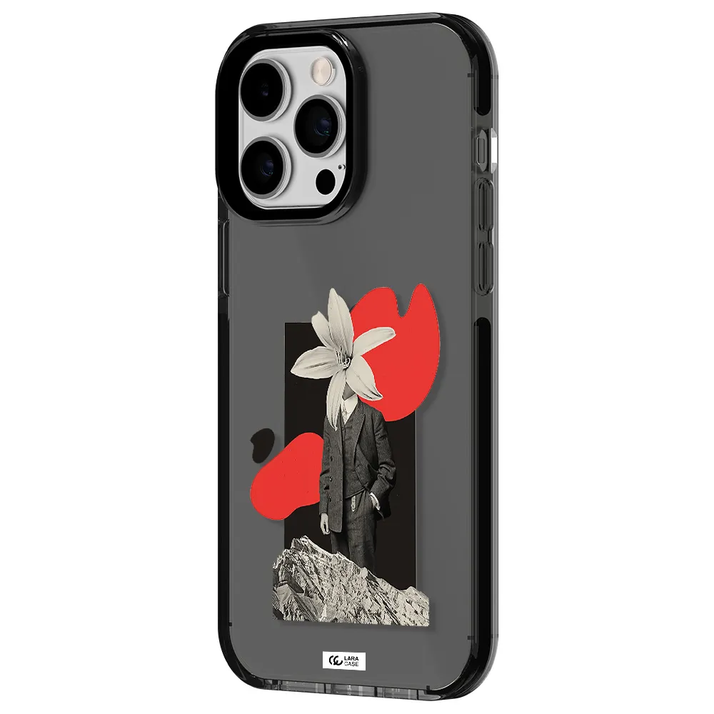 a man in a suit with a flower head Apple iPhone 15 Pro impact Smoke Black Case