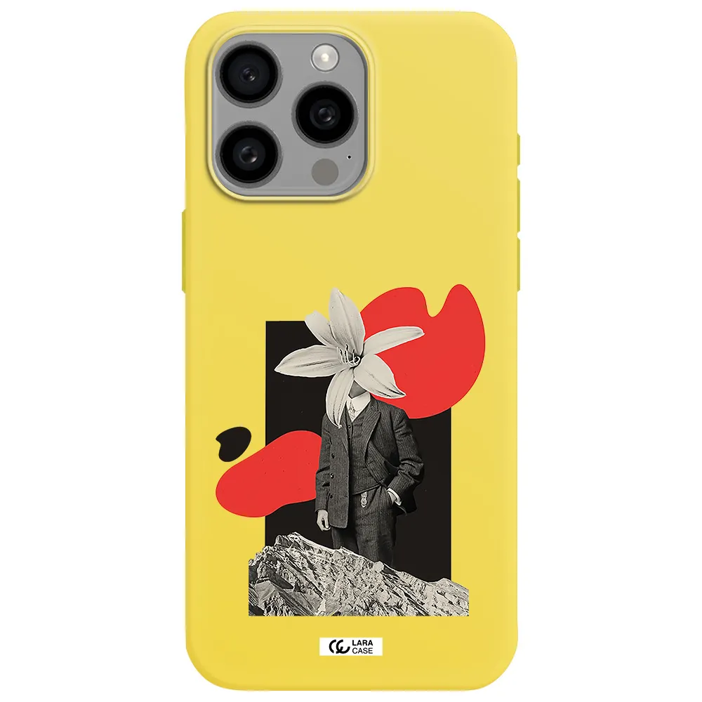 a man in a suit with a flower head Apple Iphone 15 Pro max Silicone canary yellow Case