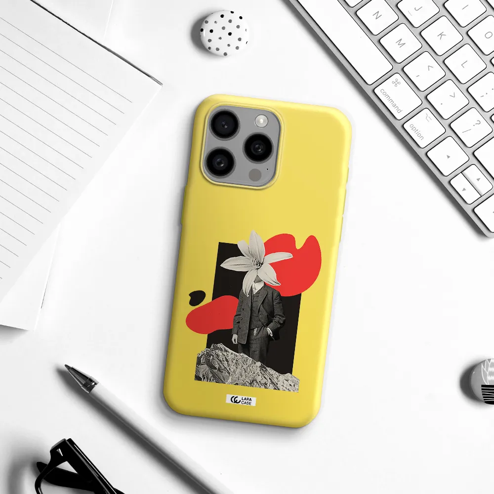 a man in a suit with a flower head Apple Iphone 15 Pro max Silicone canary yellow Case