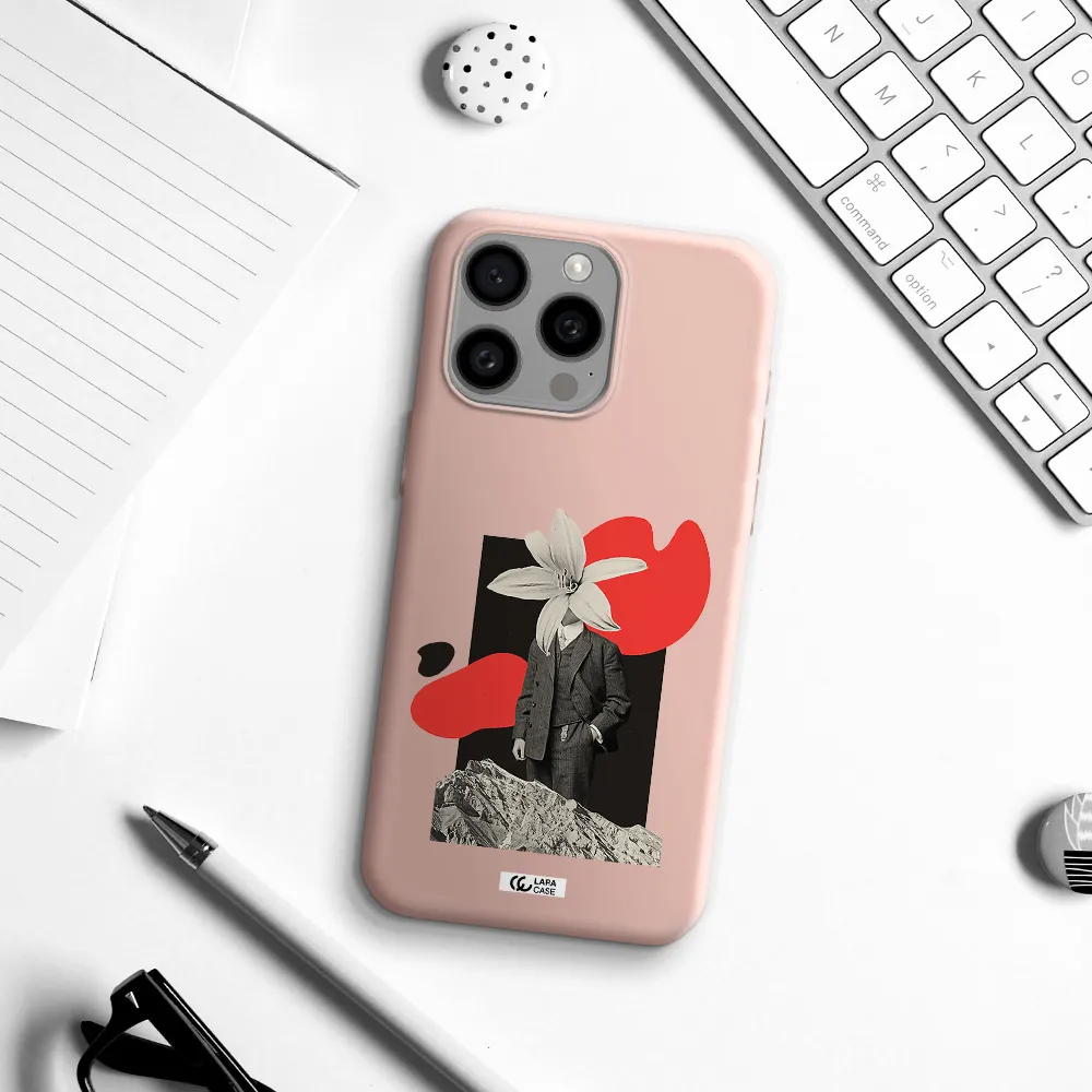 a man in a suit with a flower head Apple Iphone 15 Pro max Silicone pastel pink Case