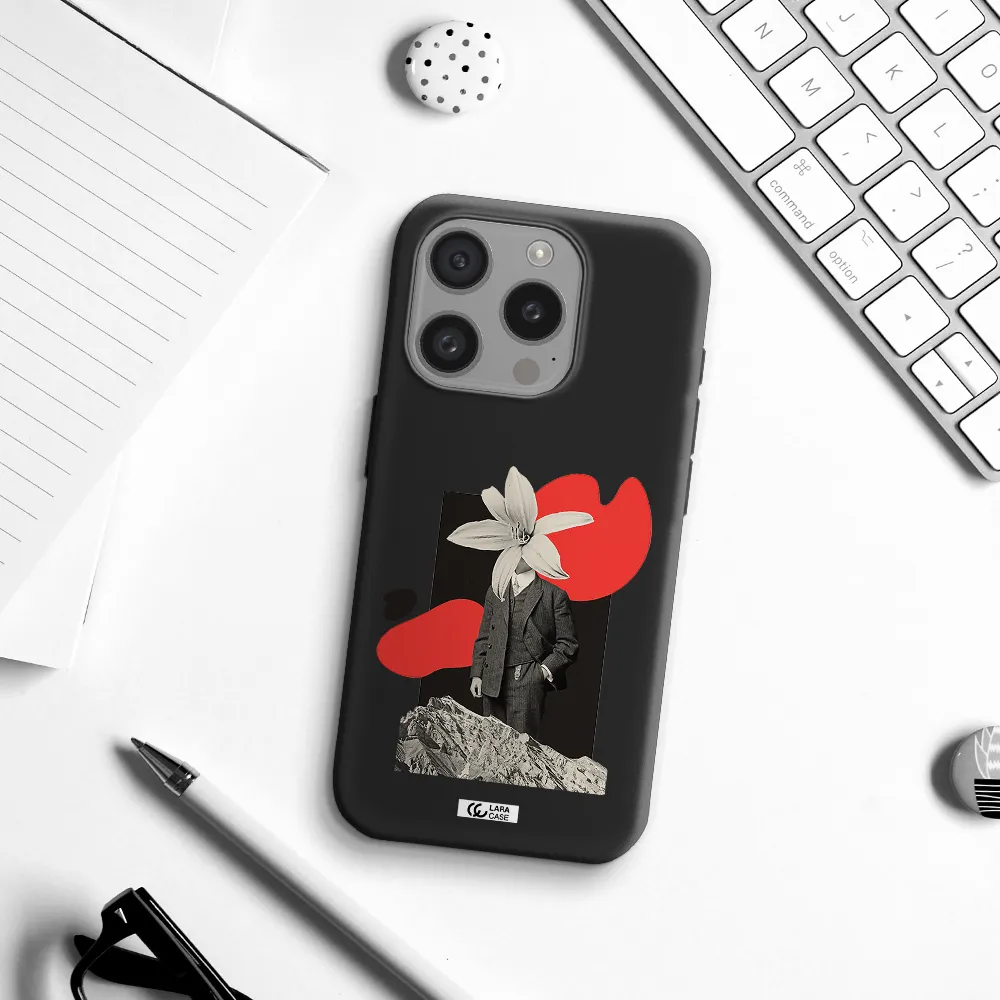 A Man In A Suit With A Flower Head Apple Iphone 15 Pro Silicone Black Case