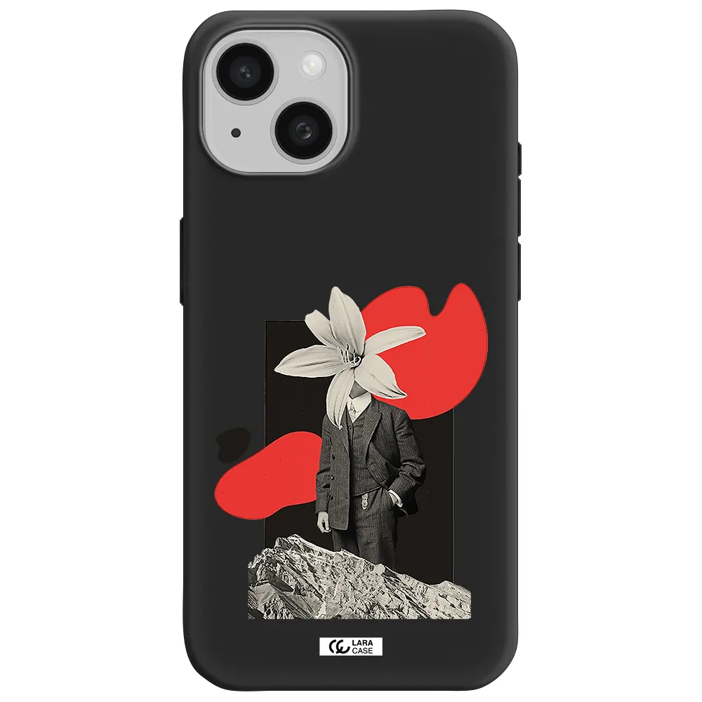 a man in a suit with a flower head Apple iPhone 15 Silicone black Case