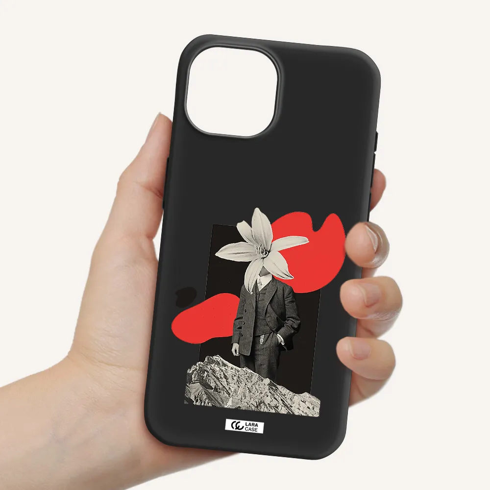 a man in a suit with a flower head Apple iPhone 15 Silicone black Case