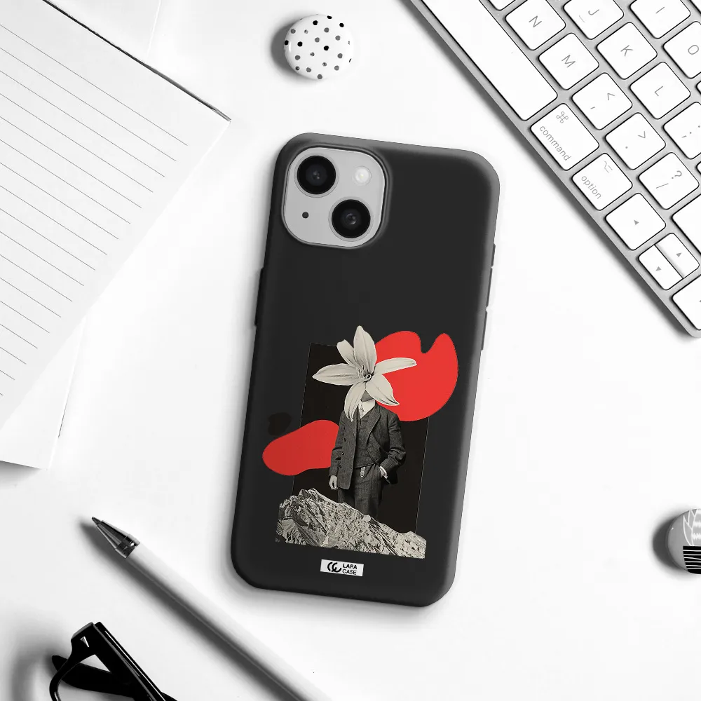 a man in a suit with a flower head Apple iPhone 15 Silicone black Case
