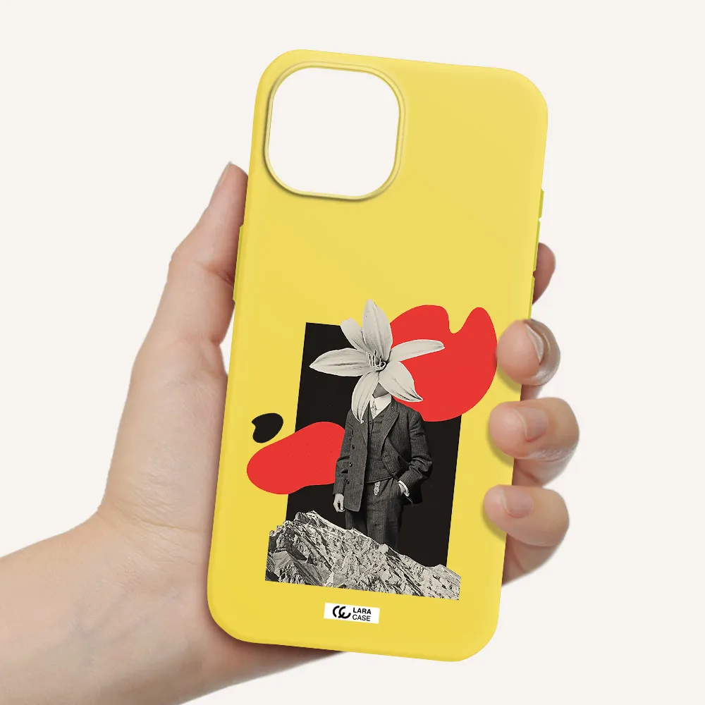 a man in a suit with a flower head Apple iPhone 15 Silicone canary yellow Case