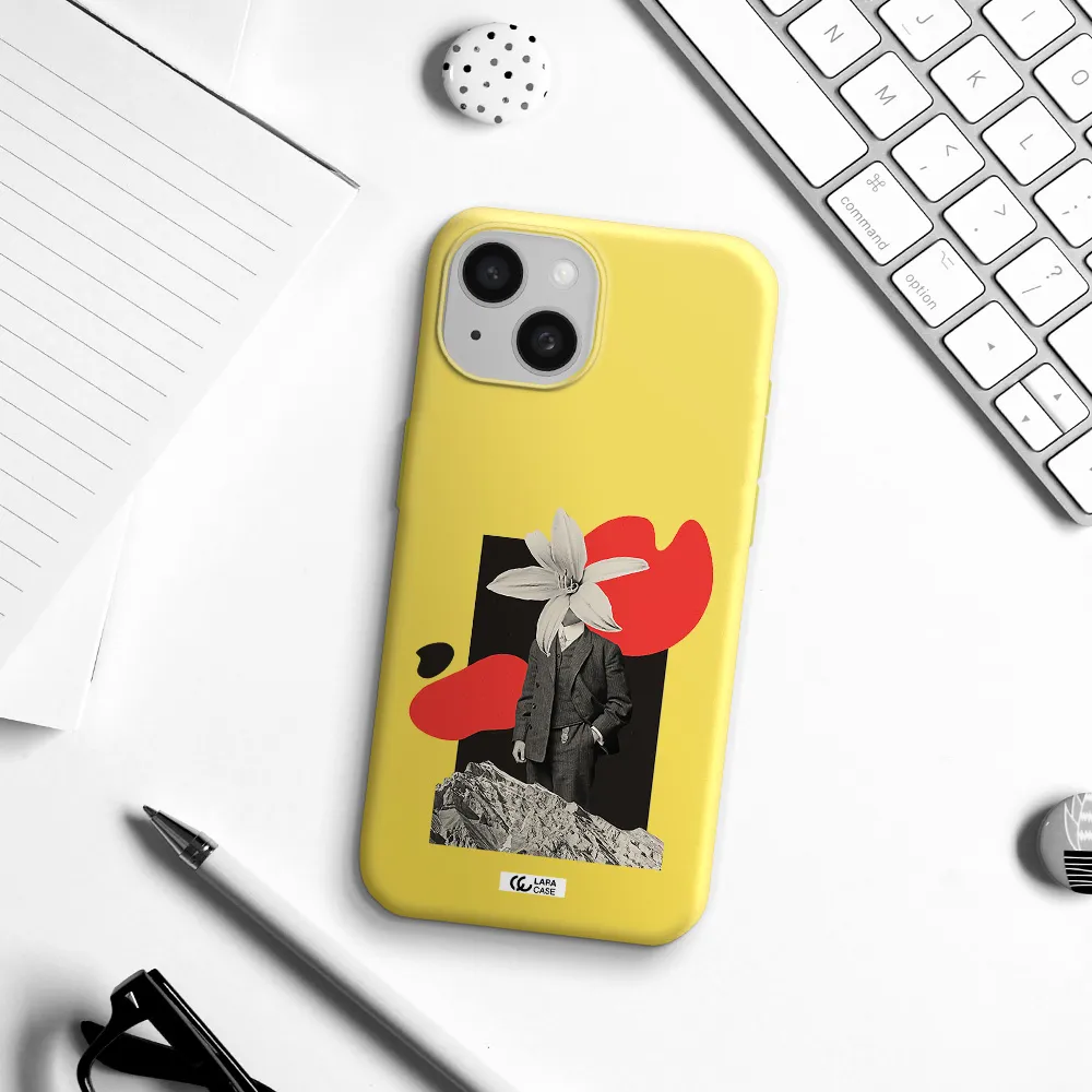 a man in a suit with a flower head Apple iPhone 15 Silicone canary yellow Case