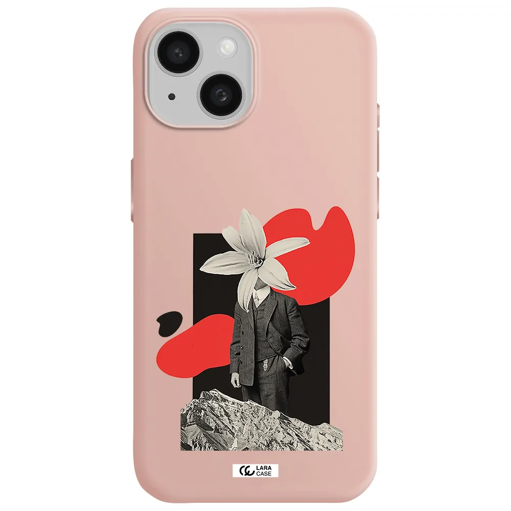 A Man In A Suit With A Flower Head Apple Iphone 15 Silicone Pastel Pink Case