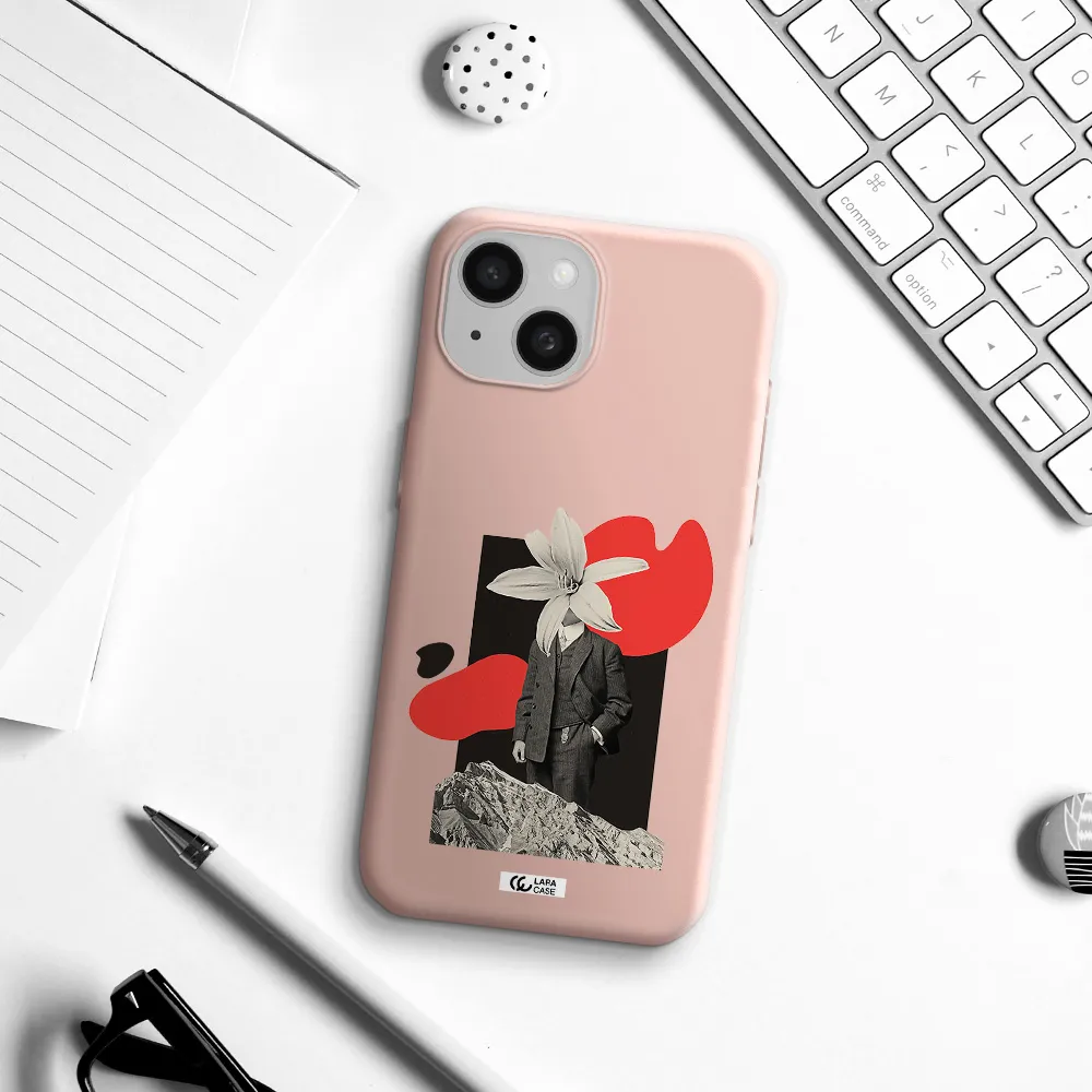 A Man In A Suit With A Flower Head Apple Iphone 15 Silicone Pastel Pink Case