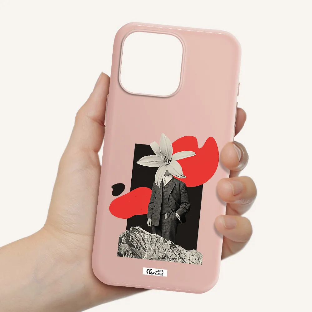 A Man In A Suit With A Flower Head Apple Iphone 16 Pro Max Silicone Pastel Pink Case