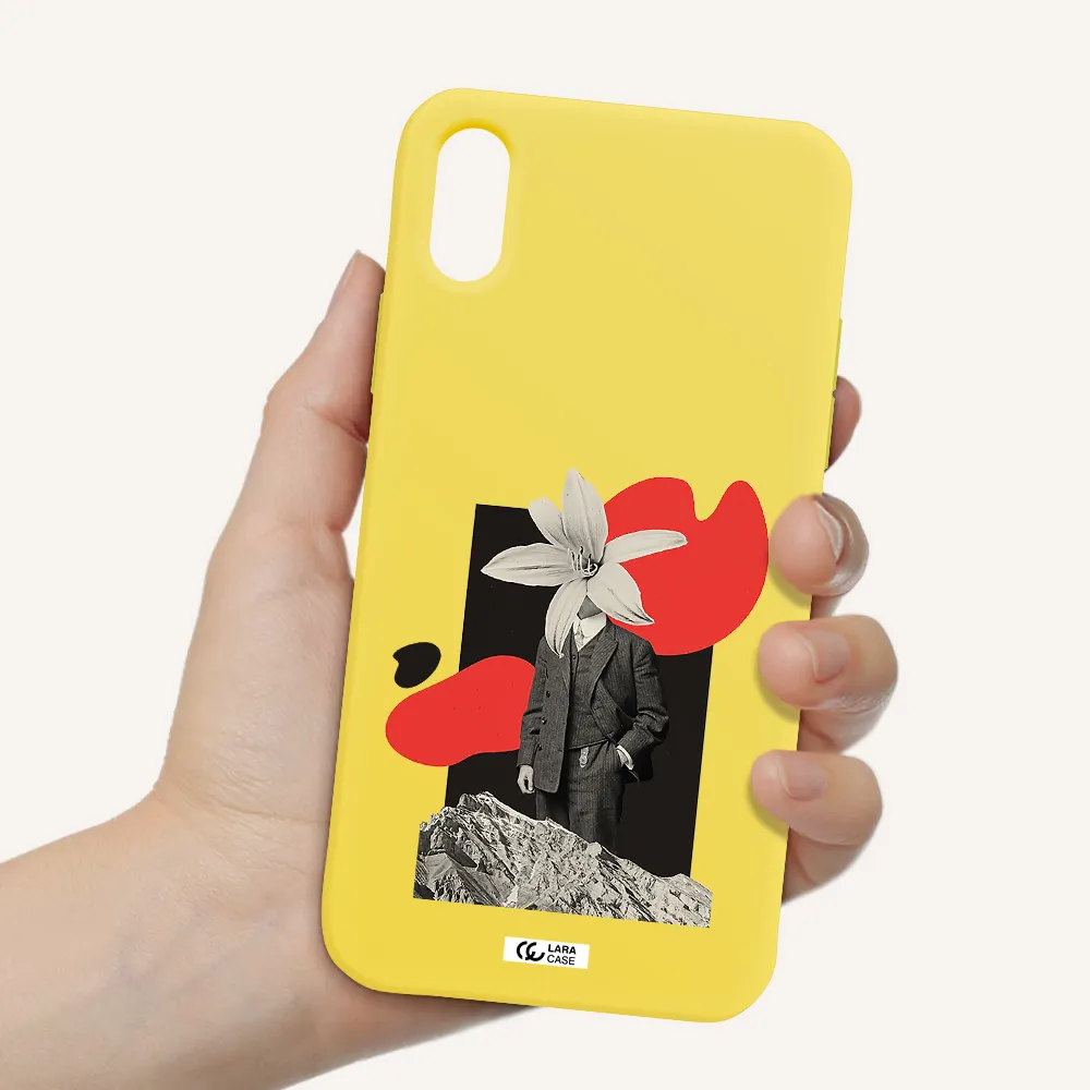 a man in a suit with a flower head Apple iPhone XS Silicone canary yellow Case