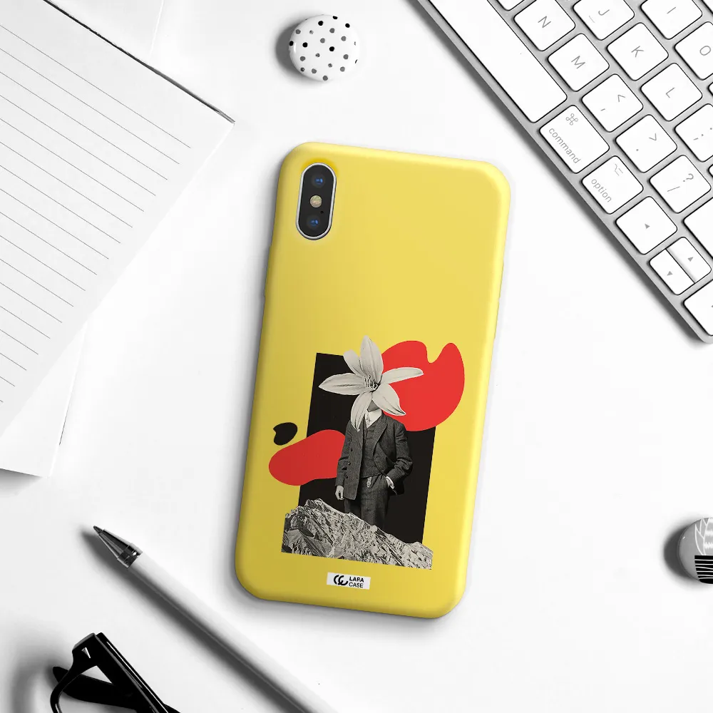 a man in a suit with a flower head Apple iPhone XS Silicone canary yellow Case