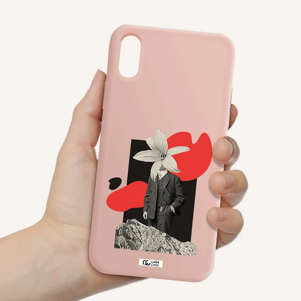 a man in a suit with a flower head Apple iPhone XS Silicone pastel pink Case