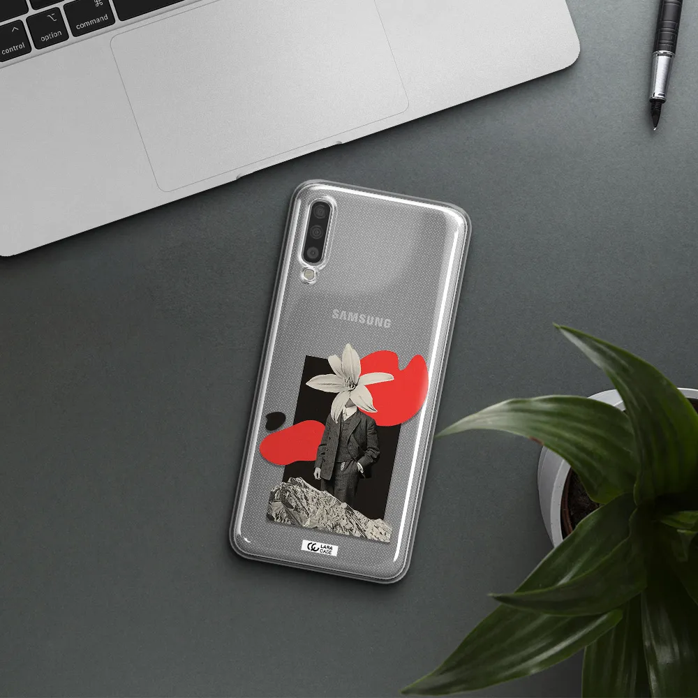 A Man In A Suit With A Flower Head Samsung A70S Clear Tpu Case