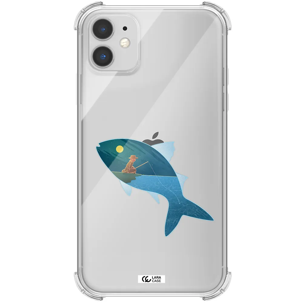 a fish with a man fishing Apple iPhone 11 Clear PC Case