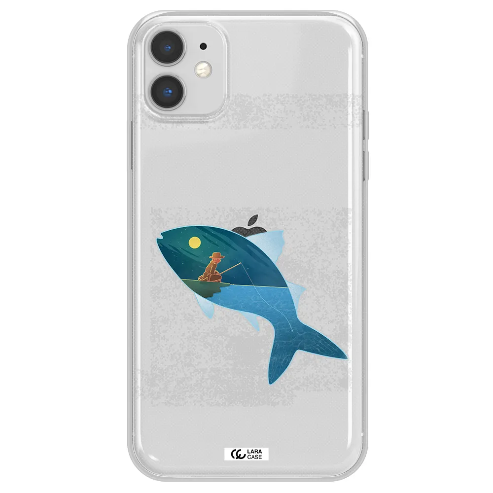 a fish with a man fishing Apple iPhone 11 Clear TPU Case