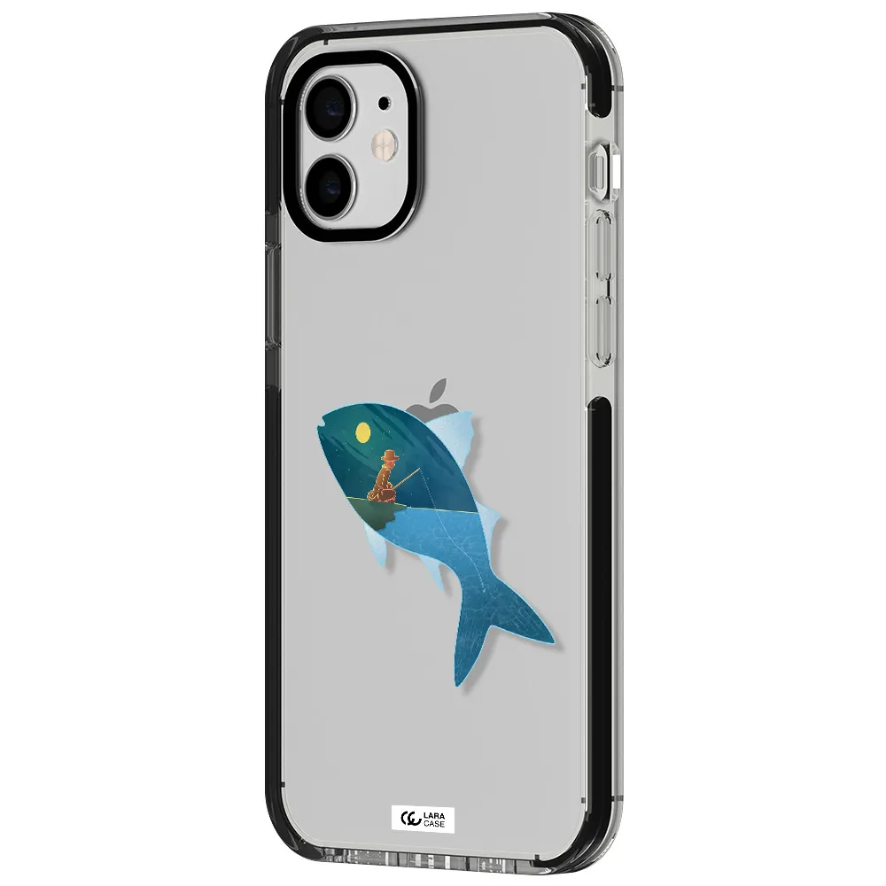 a fish with a man fishing Apple iPhone 11 impact black border Case