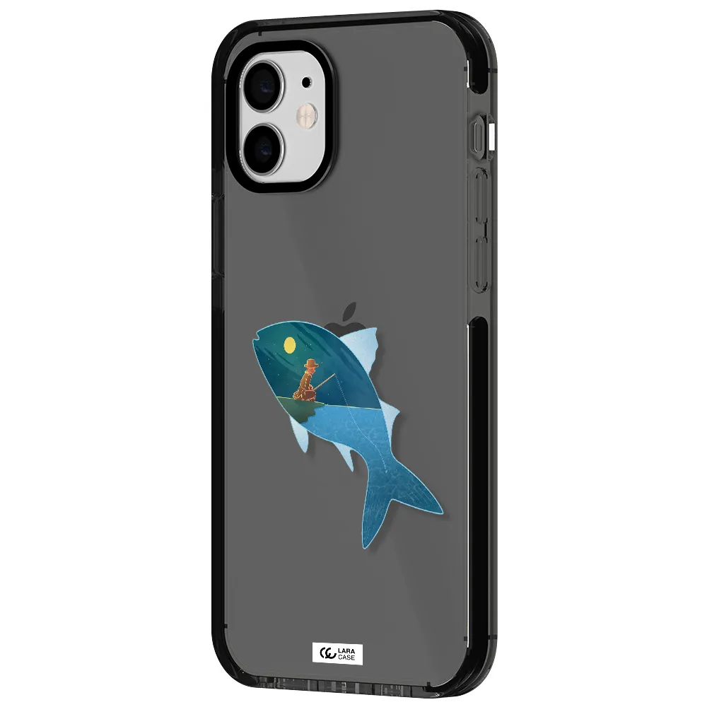 a fish with a man fishing Apple iPhone 11 impact Smoke Black Case
