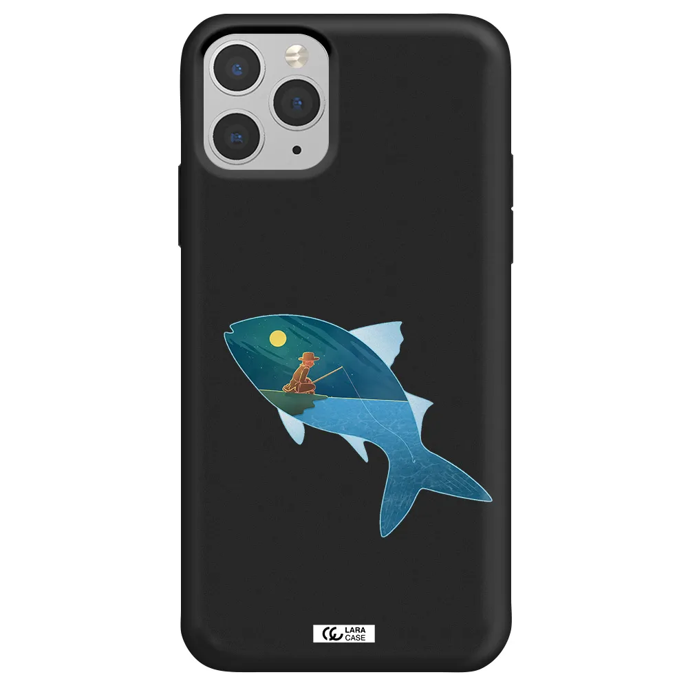 a fish with a man fishing Apple iPhone 11 pro max Silicone black Case