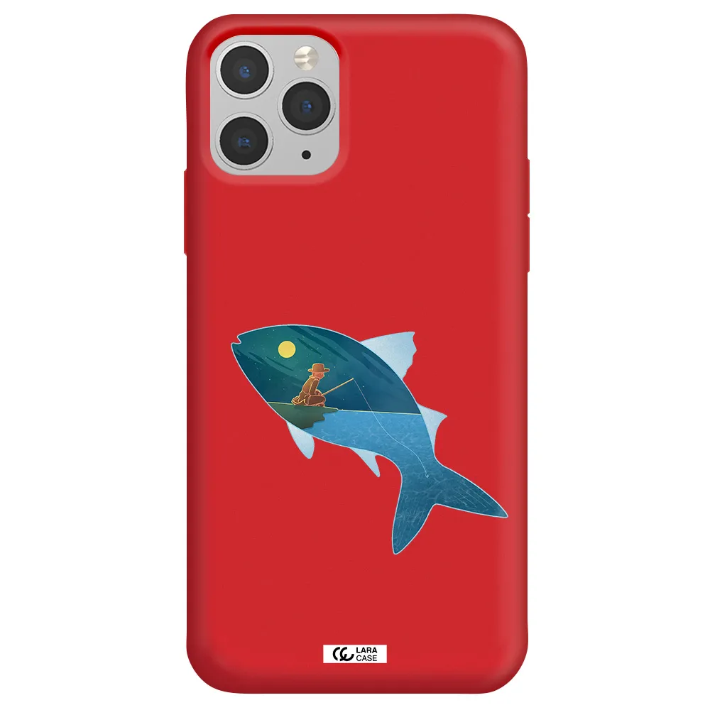 a fish with a man fishing Apple iPhone 11 pro max Silicone Imperial Red Case