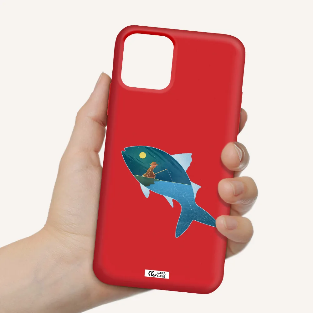 a fish with a man fishing Apple iPhone 11 pro max Silicone Imperial Red Case