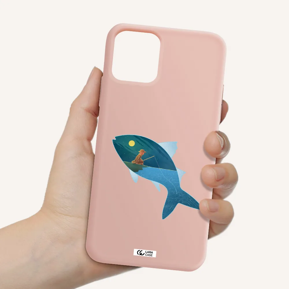 a fish with a man fishing Apple iPhone 11 pro max Silicone pastel pink Case