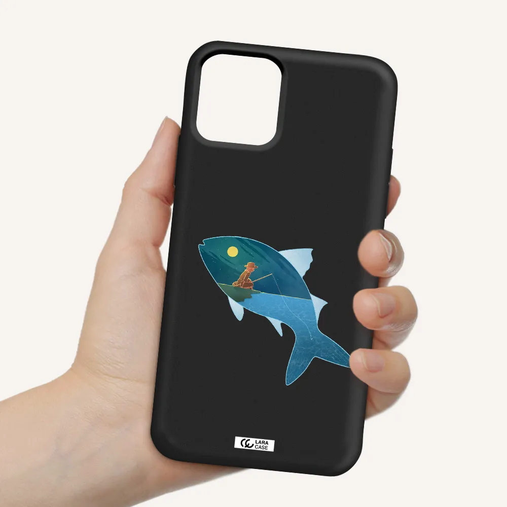 a fish with a man fishing Apple iPhone 11 pro Silicone black Case