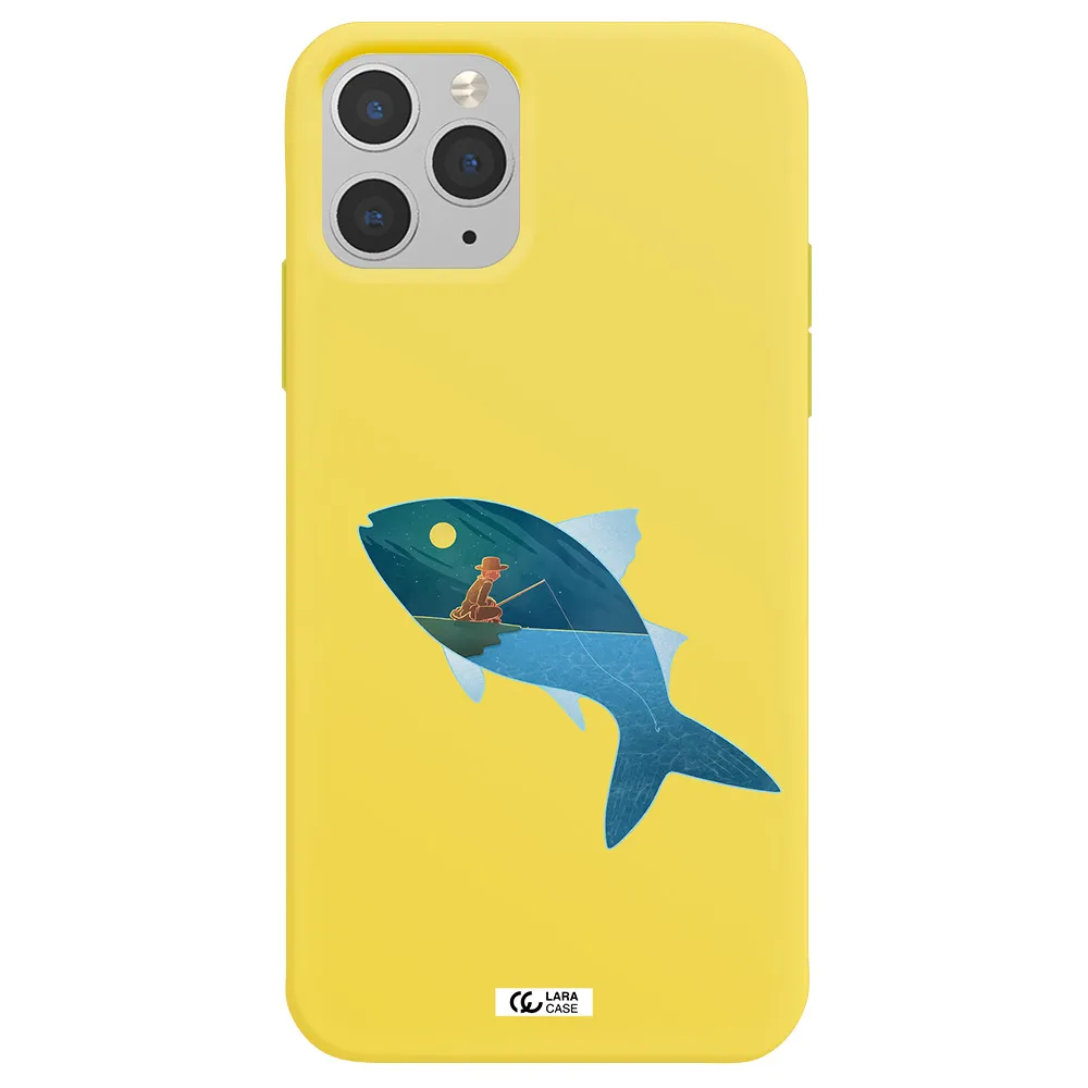 a fish with a man fishing Apple iPhone 11 pro Silicone canary yellow Case