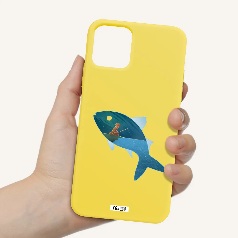 a fish with a man fishing Apple iPhone 11 pro Silicone canary yellow Case
