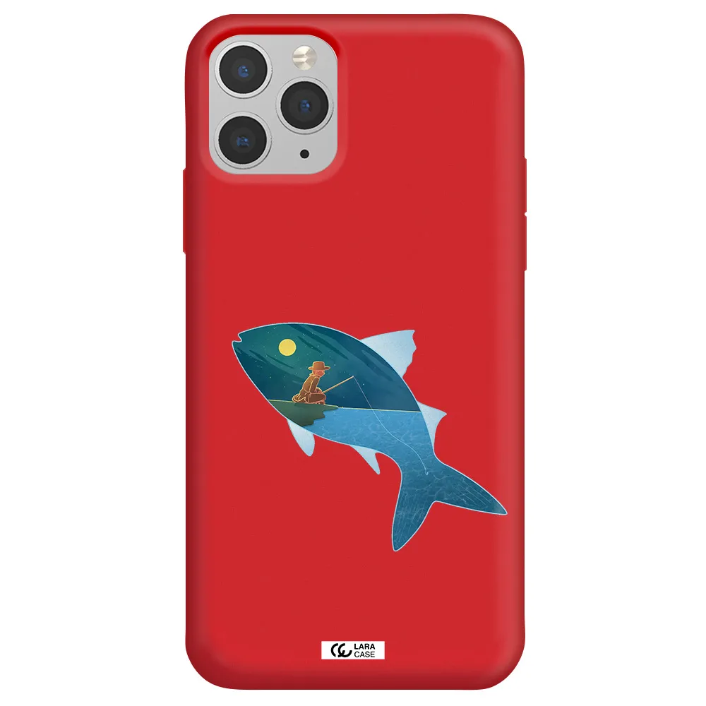 a fish with a man fishing Apple iPhone 11 pro Silicone Imperial Red Case