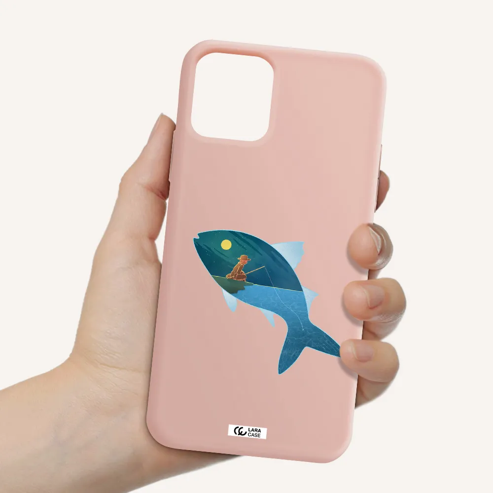 a fish with a man fishing Apple iPhone 11 pro Silicone pastel pink Case