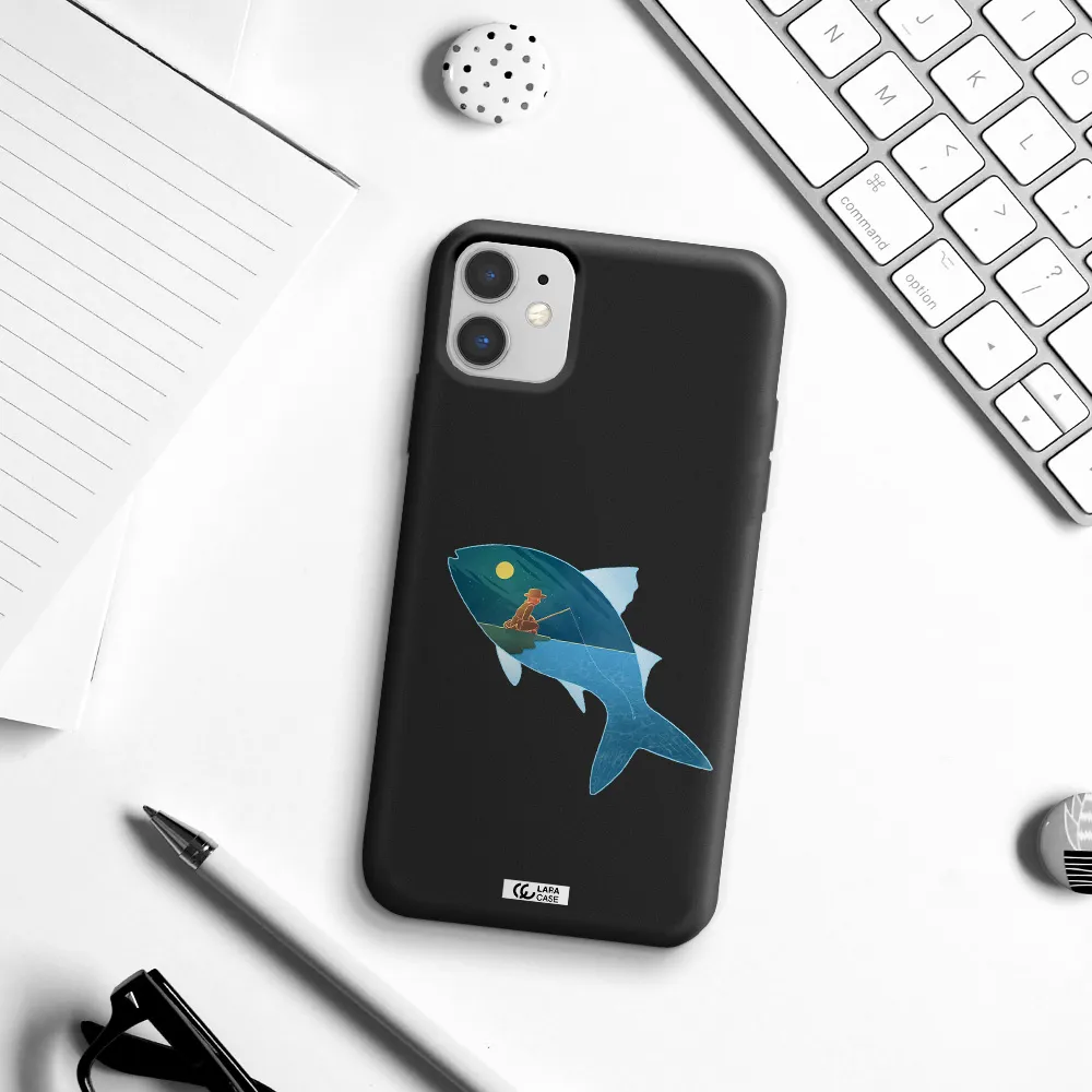 a fish with a man fishing Apple iPhone 11 Silicone black Case