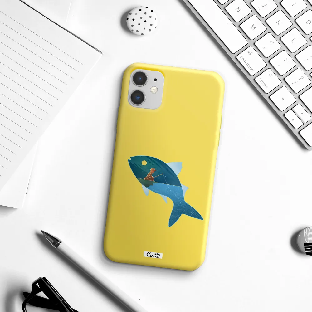 a fish with a man fishing Apple iPhone 11 Silicone canary yellow Case