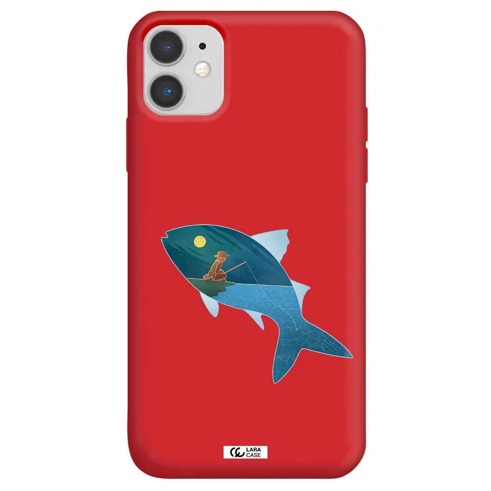 a fish with a man fishing Apple iPhone 11 Silicone Imperial Red Case