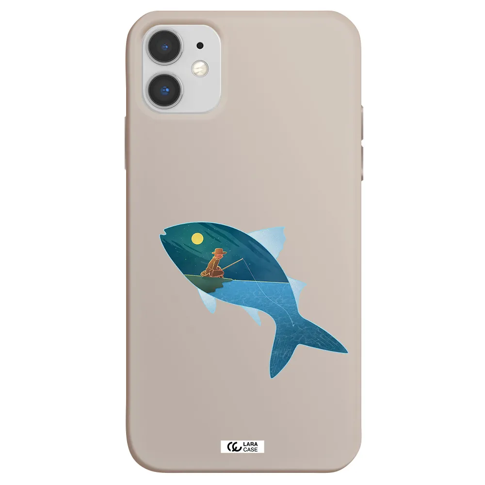 a fish with a man fishing Apple iPhone 11 Silicone Stone Case