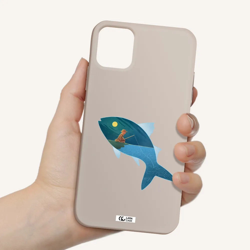 a fish with a man fishing Apple iPhone 11 Silicone Stone Case