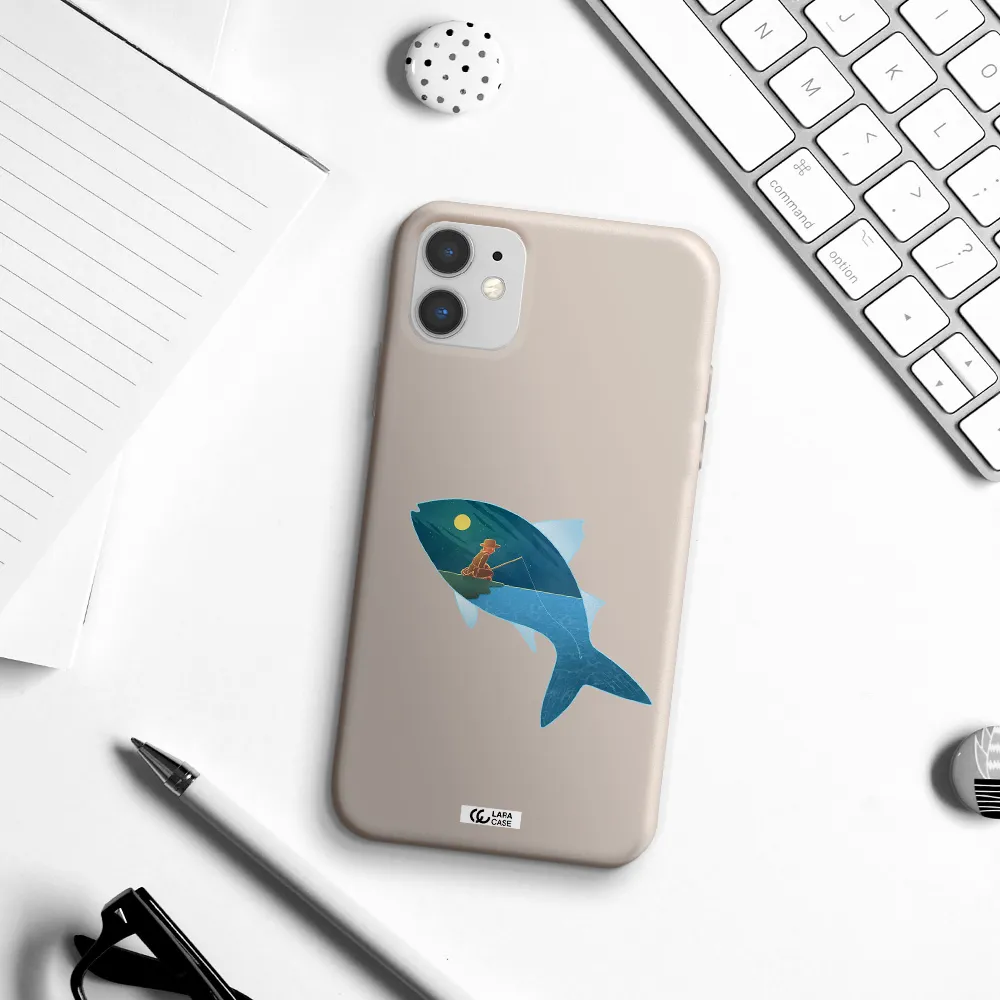 a fish with a man fishing Apple iPhone 11 Silicone Stone Case