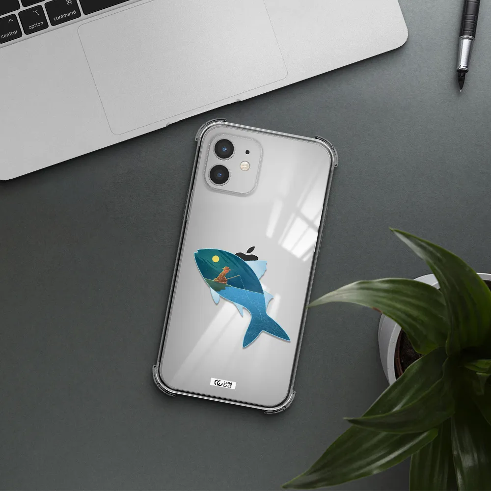 a fish with a man fishing Apple iPhone 12 Clear PC Case