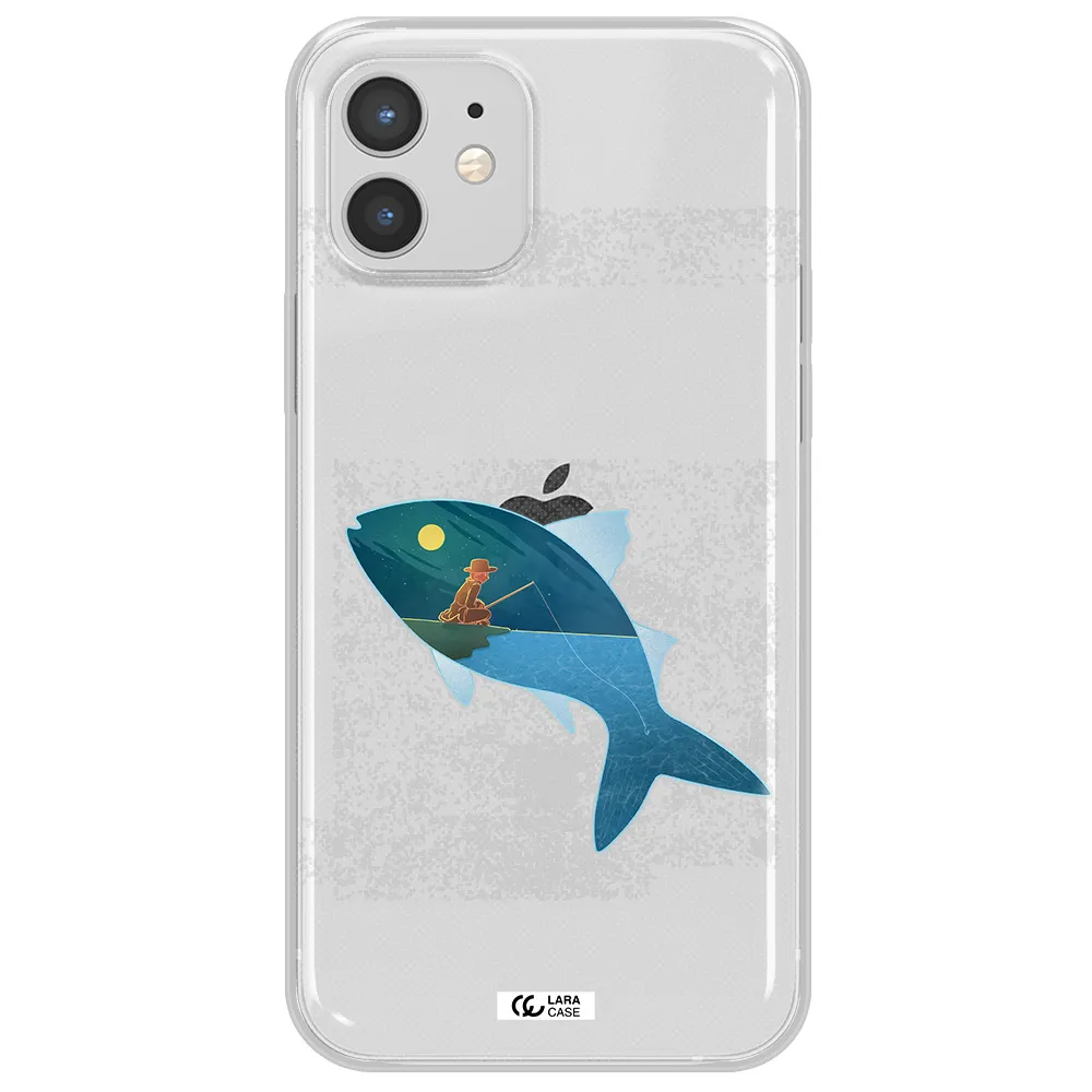 a fish with a man fishing Apple iPhone 12 Clear TPU Case