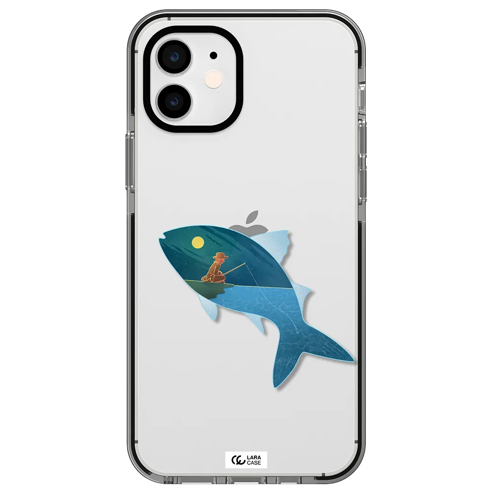 a fish with a man fishing Apple iPhone 12 impact black border Case