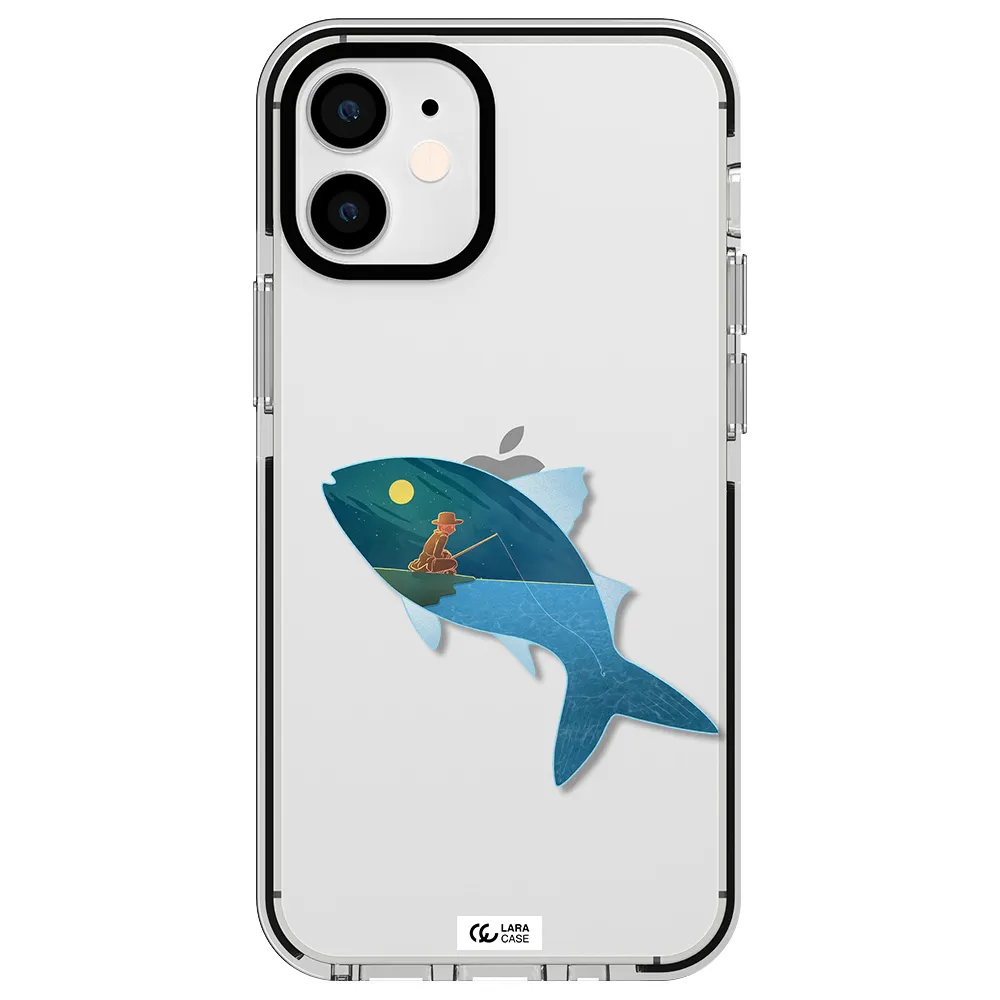 a fish with a man fishing Apple iPhone 12 mini impact black border Case
