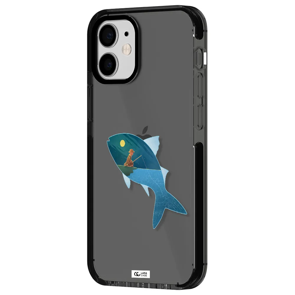 a fish with a man fishing Apple iPhone 12 mini impact Smoke Black Case
