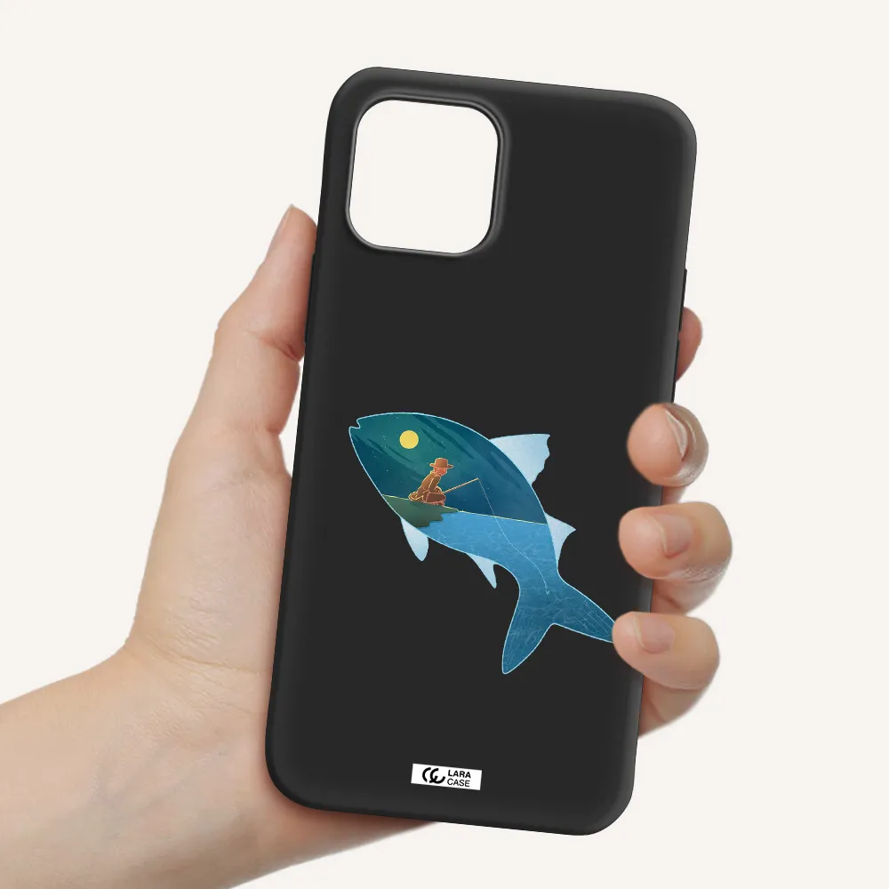 a fish with a man fishing Apple iPhone 12 mini Silicone black Case