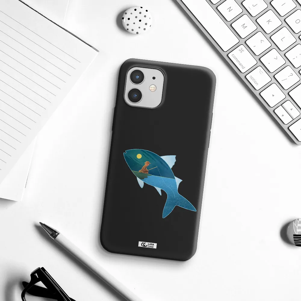 a fish with a man fishing Apple iPhone 12 mini Silicone black Case